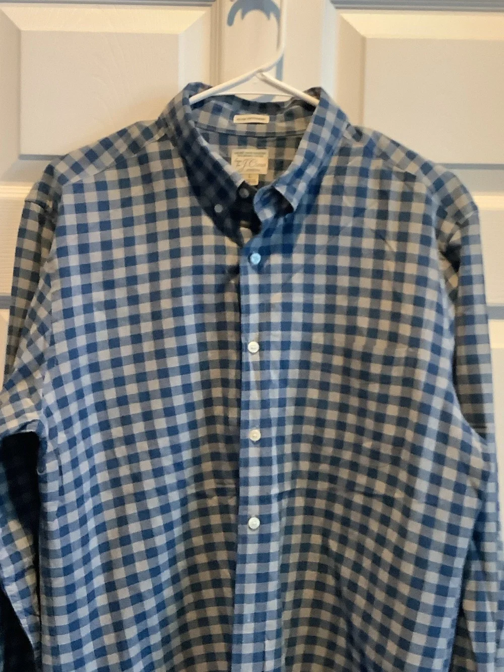 J. Crew Blue and White Gingham Button-Down‎ Shirt, slim, untucked